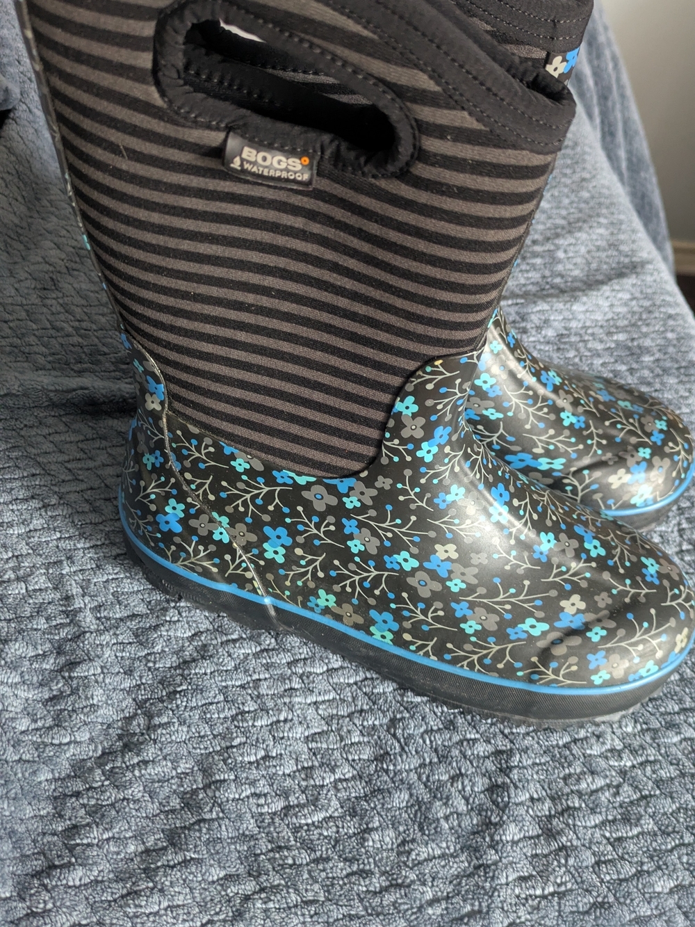 Bogs Kids Black and Blue Floral Waterproof Rain Boots